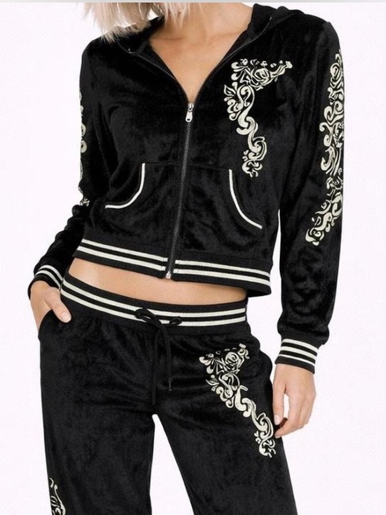 BCBGMaxAzria Jackets & Blazers - BCBG Maxazria Black Silver Velvety Velour Full-Zip Y2K Tracksuit Jacket Size M